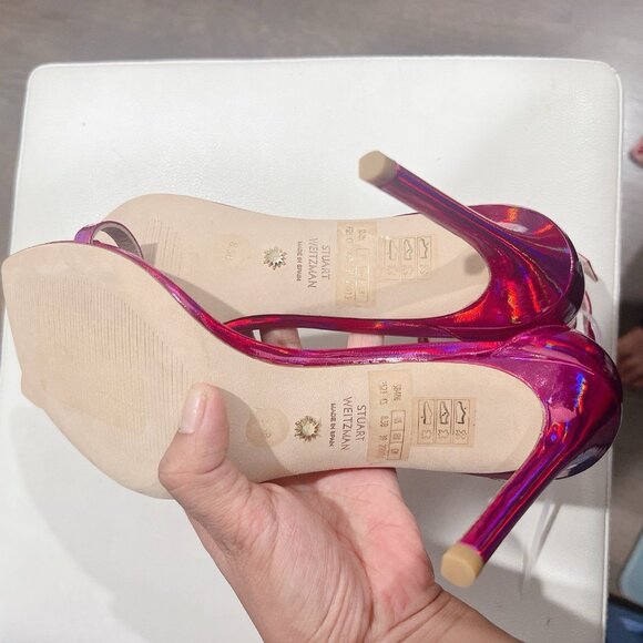 Stuart Weitzman Nudistcurve 100 Strap Sandal Iridescent Patent Orchid Pink US8.5 - Picture 10 of 11